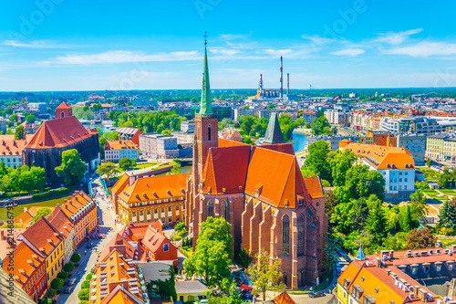 Aerial view of Wroclaw with church of our lady of the sand and church of the Holy Cross and St Bartholomew, Poland