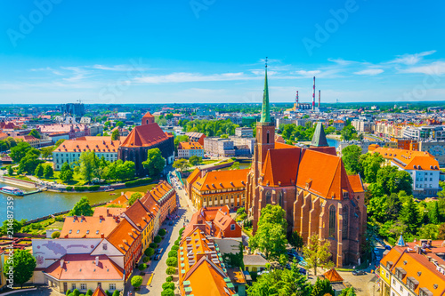 Aerial view of Wroclaw with church of our lady of the sand and church of the Holy Cross and St Bartholomew, Poland