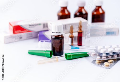Medical preparations and medication on a white background