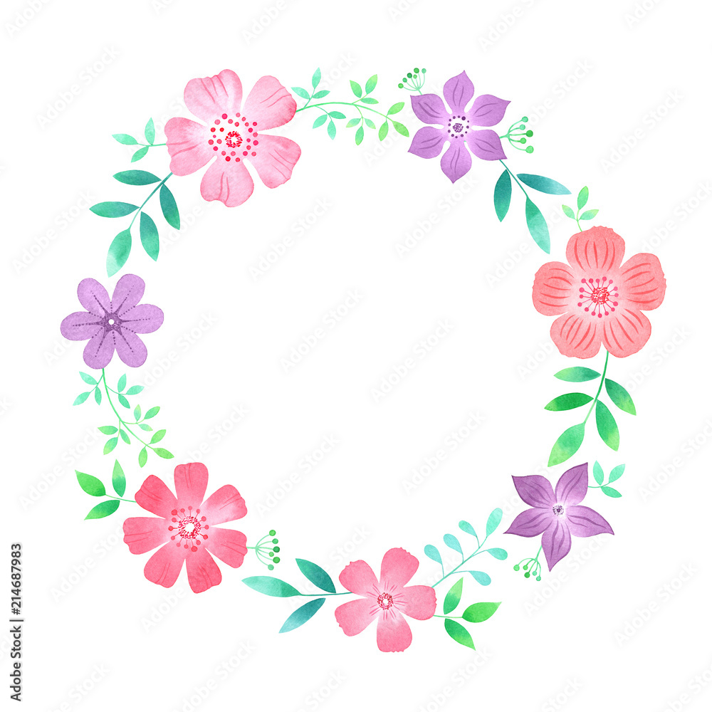 Watercolor floral wreath. Circle frame design with flowers and leaves
