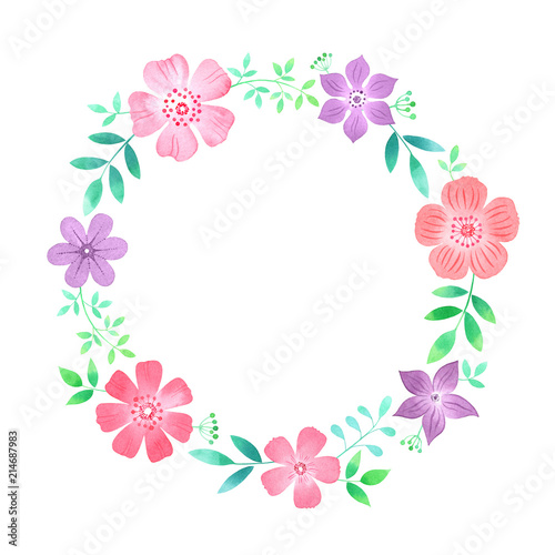 Watercolor floral wreath. Circle frame design with flowers and leaves