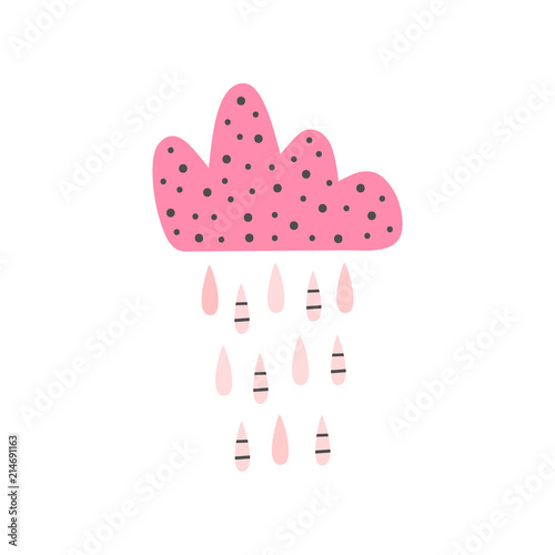 Cute isolated cloud with raindrops. Girly print, poster, card.