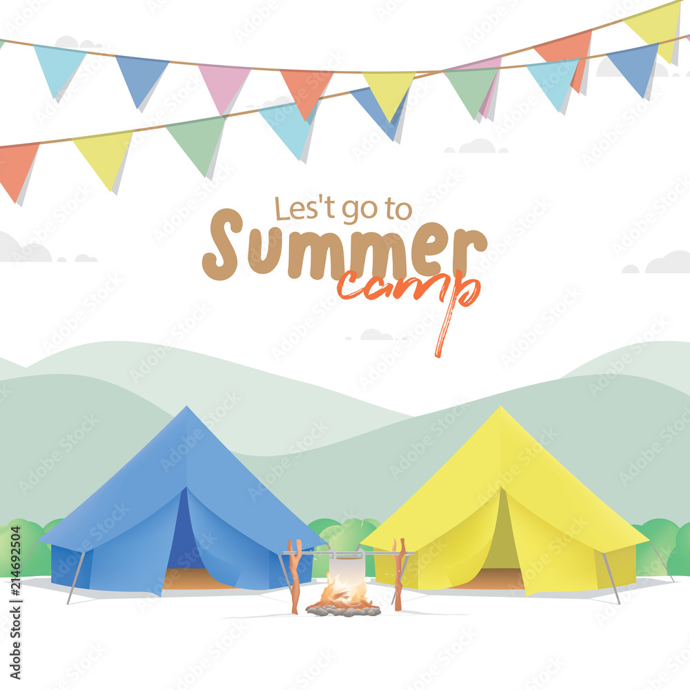 Summer Camp Poster or banner with the yellow & blue camp on mountain  background and flag illustration vector. Camping concept. Stock Vector |  Adobe Stock