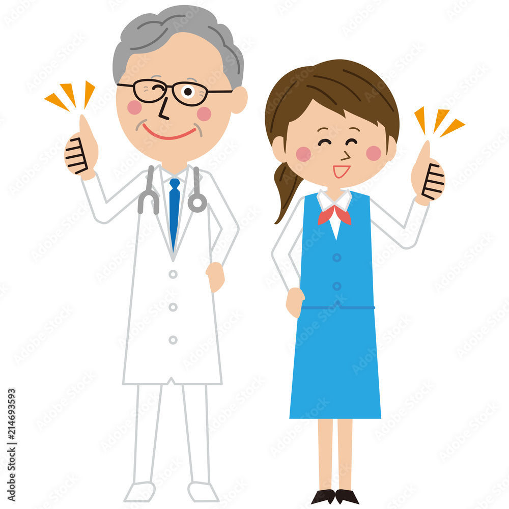 ポップな年を重ねた医者と受付の女性が「いいね！」