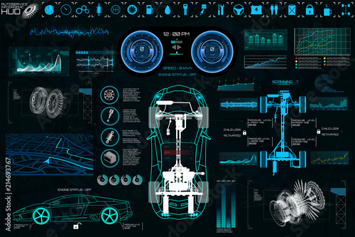 Car Auto Service, Modern Design HUD, Diagnostic Auto (view from above) Virtual Graphical Interface in Modern Style (Infographics, Auto Scanning, Analysis and Diagnostics) HUD Vector Set Elements