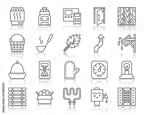 Sauna Equipment simple black line icons vector set