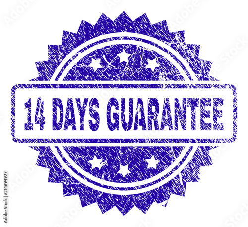 14 DAYS GUARANTEE stamp imprint with grunge style. Blue vector rubber seal print of 14 DAYS GUARANTEE caption with grunge texture.