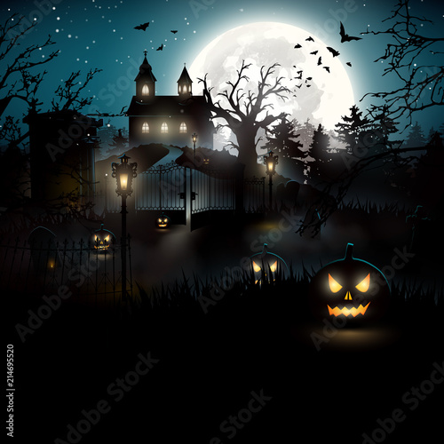 Scary graveyard and church in the woods