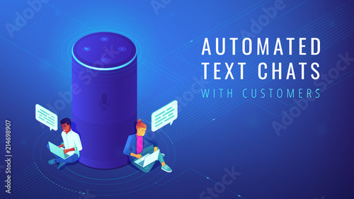 Isometric smart speaker with title automated text chats. Voice activated digital assistants and automated customer service experience concept. Blue violet background. Vector 3d illustration.