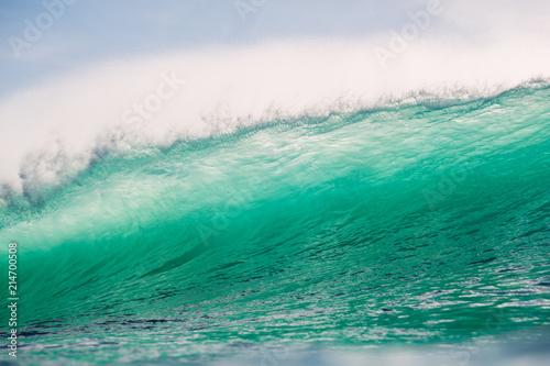 Breaking barrel wave with sun light. Crashing green wave in ocean.