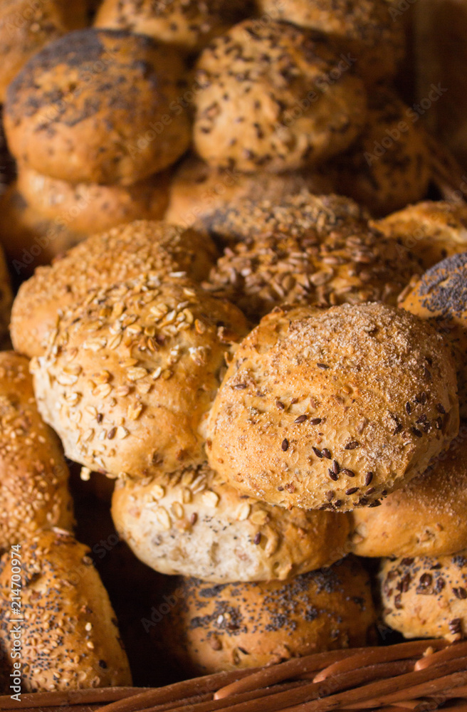 Freshly baked traditional rolls on stall at bazaar