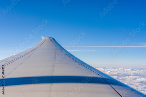 Wing of an airplane above the clouds