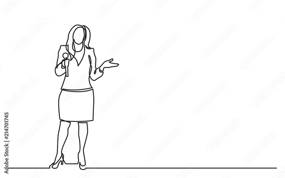 continuous line drawing of business presentation - woman trainer talking with microphone