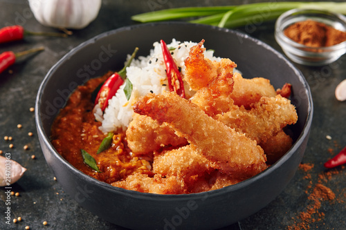 Fried King Shrimps or Prawns with Rice and Curry