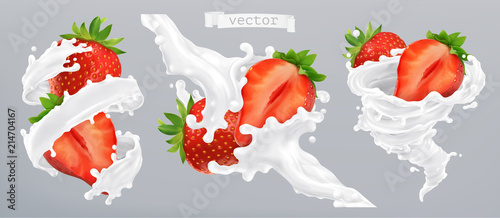 Strawberry and milk splash, yogurt. 3d realistic vector icon