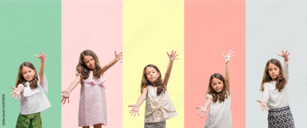 Collage of brunette hispanic girl wearing different outfits looking at the camera smiling with open arms for hug. Cheerful expression embracing happiness.