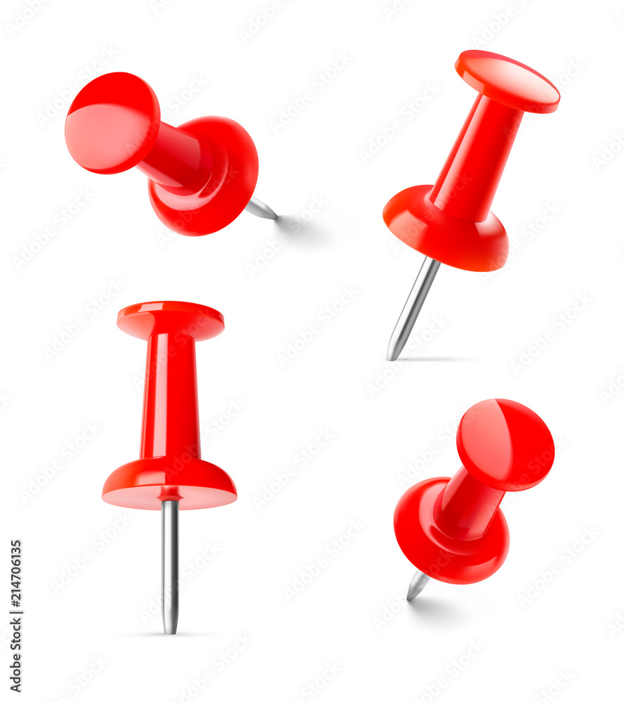 Set of red push pins in different angles isolated on white background. Vector illustration. EPS10. Set of red push pins in different angles isolated on white background. Vector illustration. EPS10.