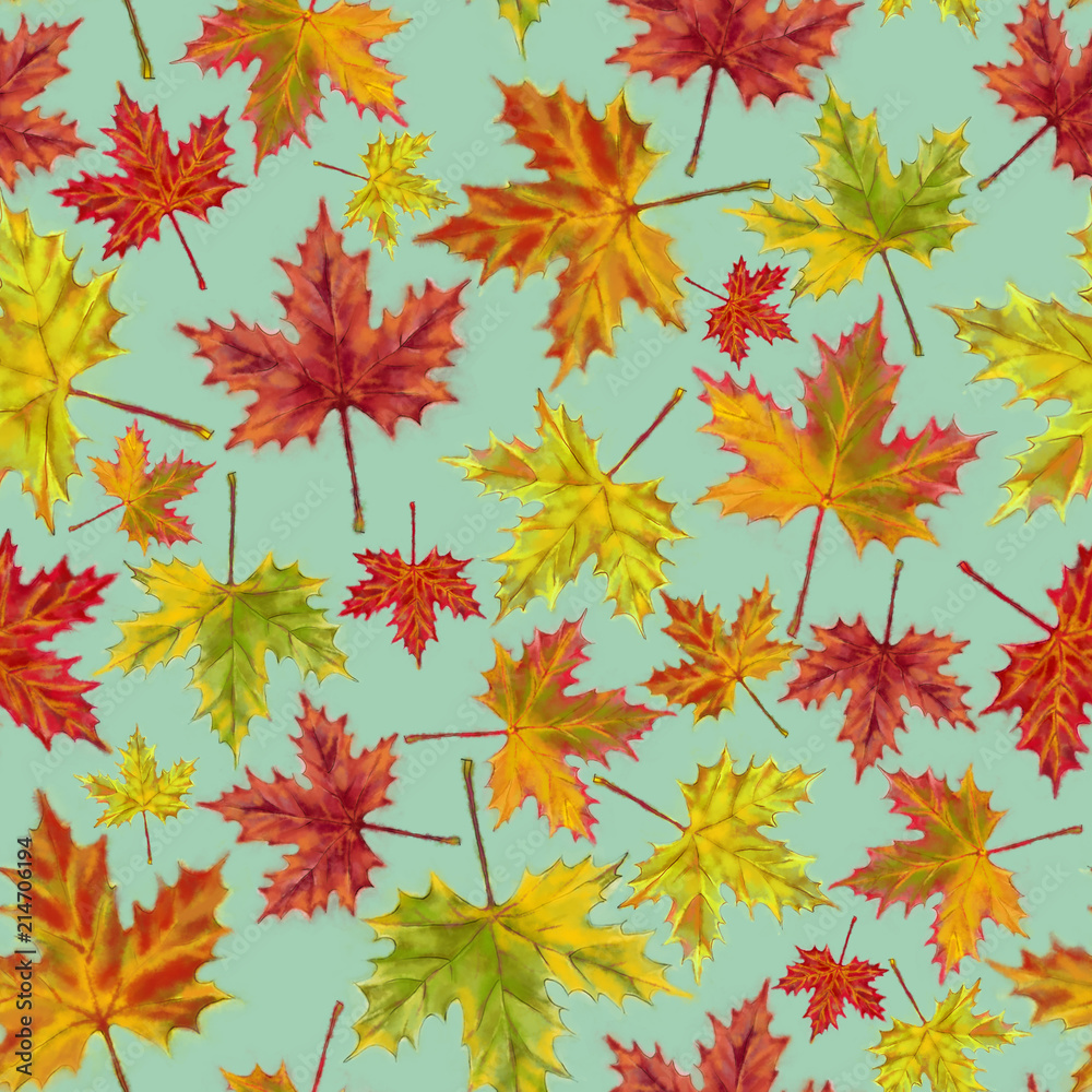 Autumn Maple Foliage Seamless Pattern on Lime Background.  Watercolor Botanical Rapport for Print, Background,  Gift Wrap, and Textile.