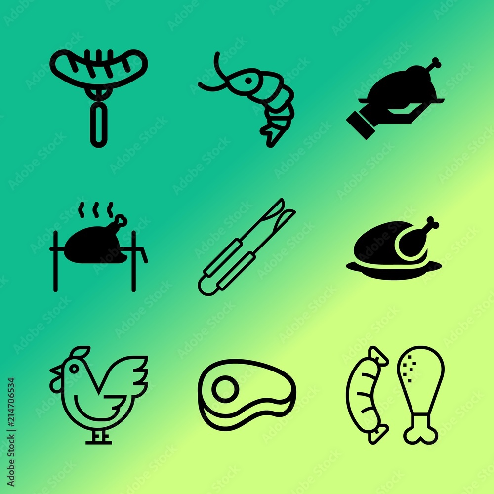 Vector icon set about barbecue with 9 icons related to hot, knife, tomato, grilling, silver, black, animal, healthy, crustacean and product