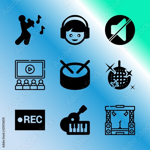 Vector icon set about music with 9 icons related to act, music, equipment, computer, photo, sphere, internet, information, mirror and circle