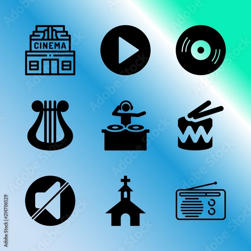 Vector icon set about music player with 9 icons related to station, symbol, cursor, sound, music, god, directional, treble, texture and camera