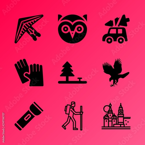 Vector icon set about fitness and sport with 9 icons related to tournament, park, safety, spring, sedan, flaming, flame, finger, flag and woman