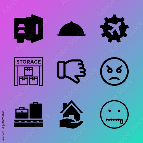 Vector icon set about business with 9 icons related to annoyed, warehouse, residential, bad, stock, arrival, emblem, smell, flying and tray