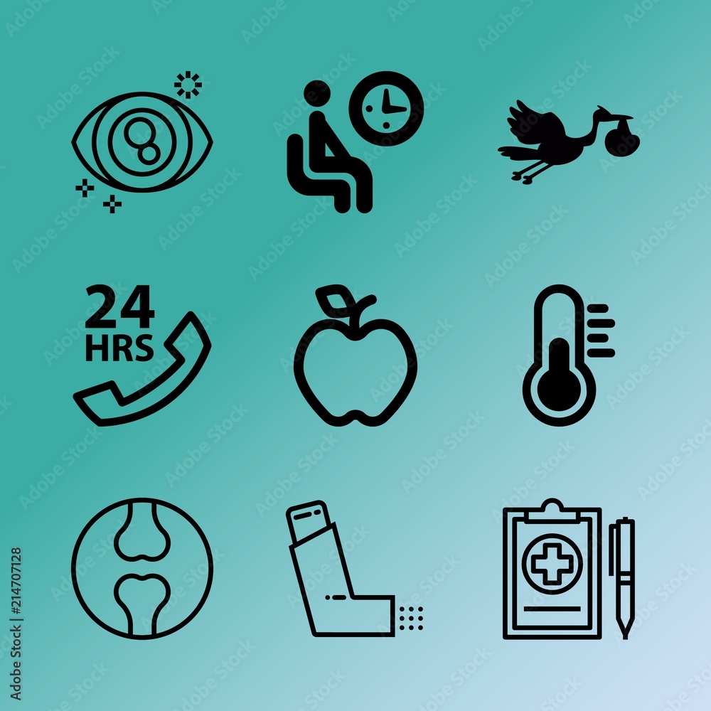 Vector icon set about medicine with 9 icons related to scale, checkup, on, horizontal, new, hip, assistance, safety, line and happy Vector icon set about medicine with 9 icons related to scale, checkup, on, horizontal, new, hip, assistance, safety, line and happy