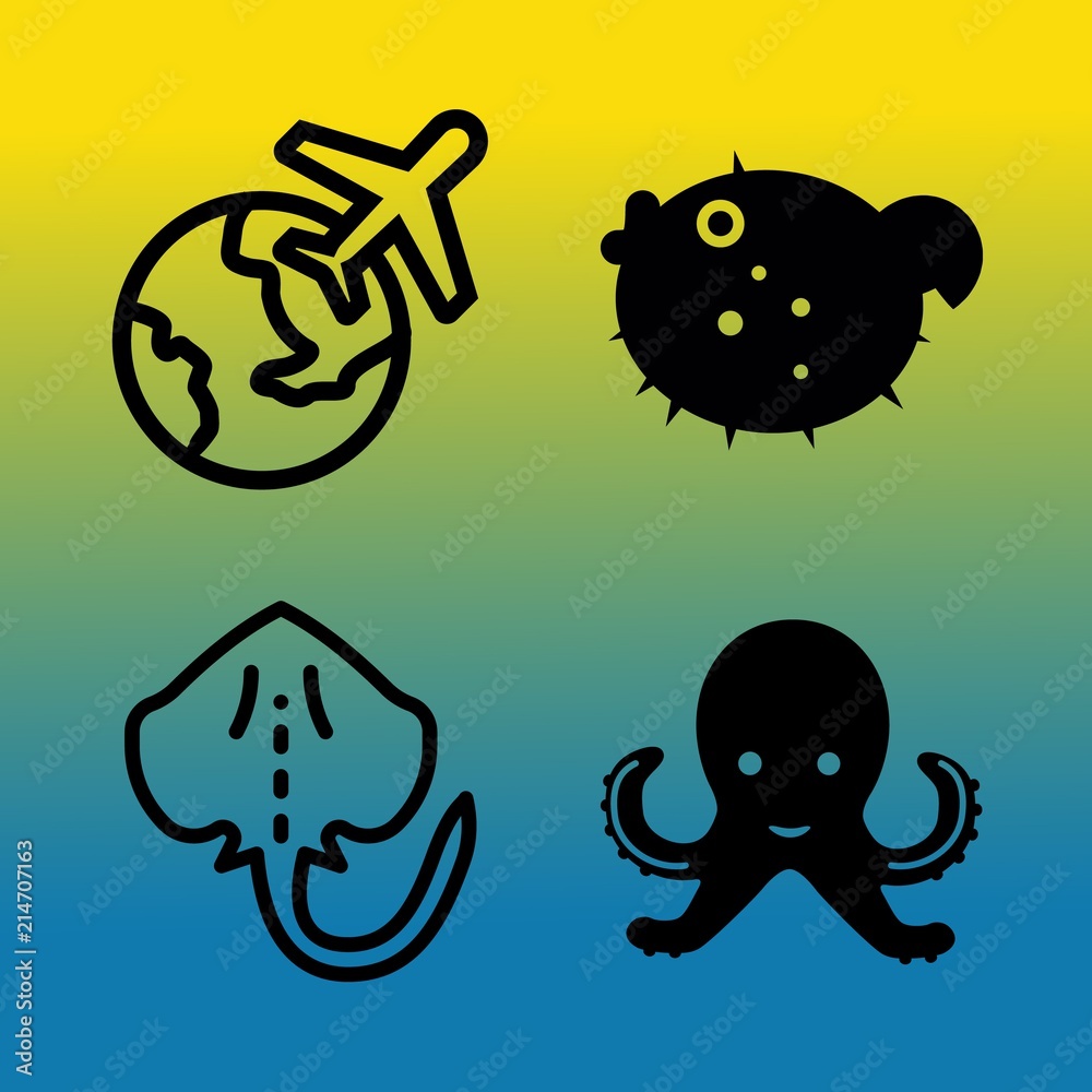 Naklejka premium Vector icon set about sea with 4 icons related to freshwater, coral, color, white, salmon, large, weekend, plane, life and bream