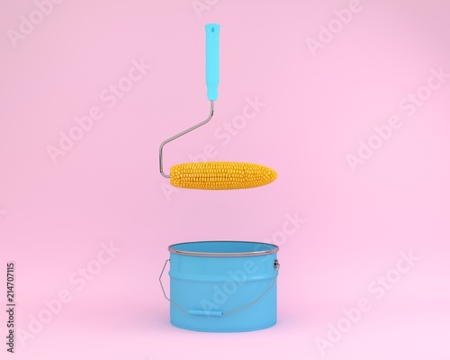 Creative idea layout of roller paint corn floating on pink background with blue paint bucket. minimal food concept. Ideas creative to produce work within an advertising marketing communications.