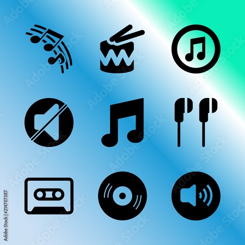 Vector icon set about music with 9 icons related to earpieces, concept, silhouette, illustration, connect, multimedia, light, movie, plate and social
