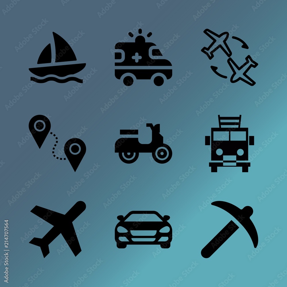 Vector icon set about transport with 9 icons related to sailing ship, modern, urban, shield, wheel, rescue, icon, passport, side and lounge