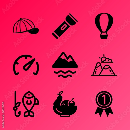 Vector icon set about fitness and sport with 9 icons related to fishing, basket, female, visor, design, vehicle, element, peaked cap, woman and sunset