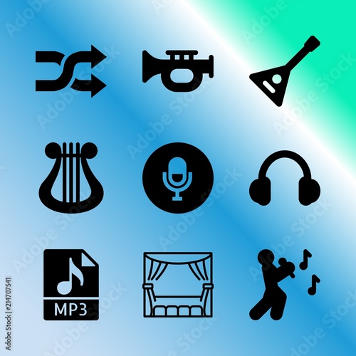 Vector icon set about music player with 9 icons related to human, electronic, earphones, curtain, gusli, balalaika, background, pattern, man and music