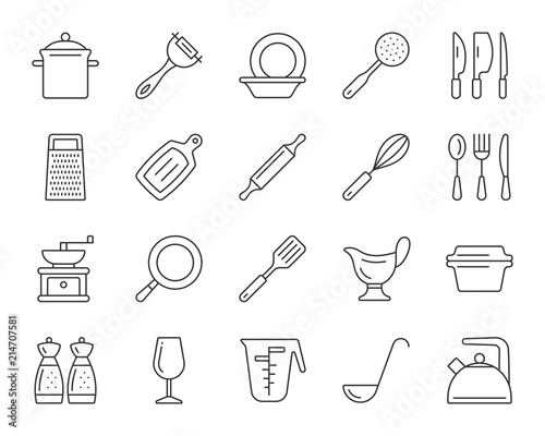 Kitchenware simple black line icons vector set