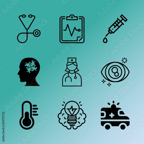 Vector icon set about medicine with 9 icons related to anatomy, data, computer, equipment, lifting, mercury, shortsighted, vaccine, focus and highway