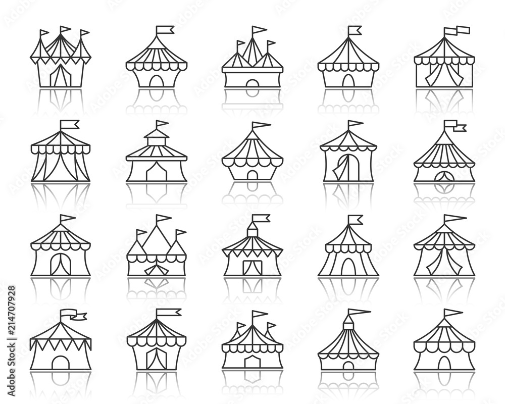 Circus Tent simple black line icons vector set