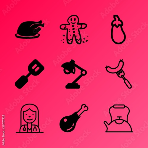 Vector icon set about kitchen with 9 icons related to slice  beefsteak  ginger  cooked  boil  teapot  poultry  abstract  festive and homemade