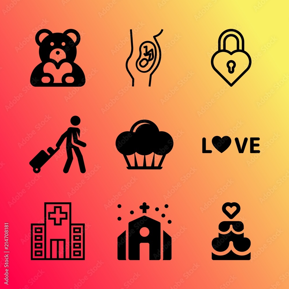 Vector icon set about love with 9 icons related to fur, peace, beautiful, safety, mom, softness, steel, unlock, catholic and waiting Vector icon set about love with 9 icons related to fur, peace, beautiful, safety, mom, softness, steel, unlock, catholic and waiting