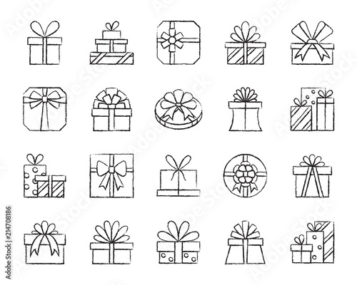 Gift charcoal draw line icons vector set