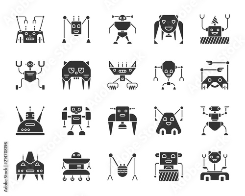 Robot black silhouette icons vector set