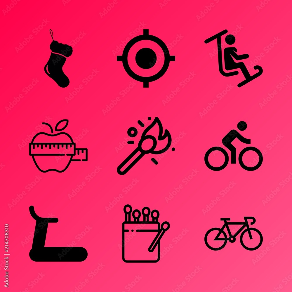 Obraz premium Vector icon set about fitness and sport with 9 icons related to black, wood, audience, overweight, color, green, location, pedal, 2018 and clothes