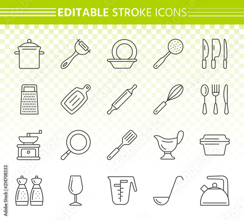 Kitchenware simple black line icons vector set