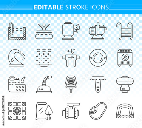 Swimming Pool Equipment simple black line icons vector set