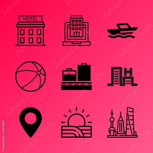 Vector icon set about travel and tourism with 9 icons related to job, digital, landing, town, skyscraper, sunlight, beach, arrows, board and interior