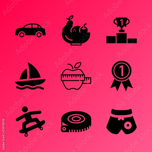 Vector icon set about fitness and sport with 9 icons related to ceremony, light, equipment, design, speed, street, gold, cruise, set and number one