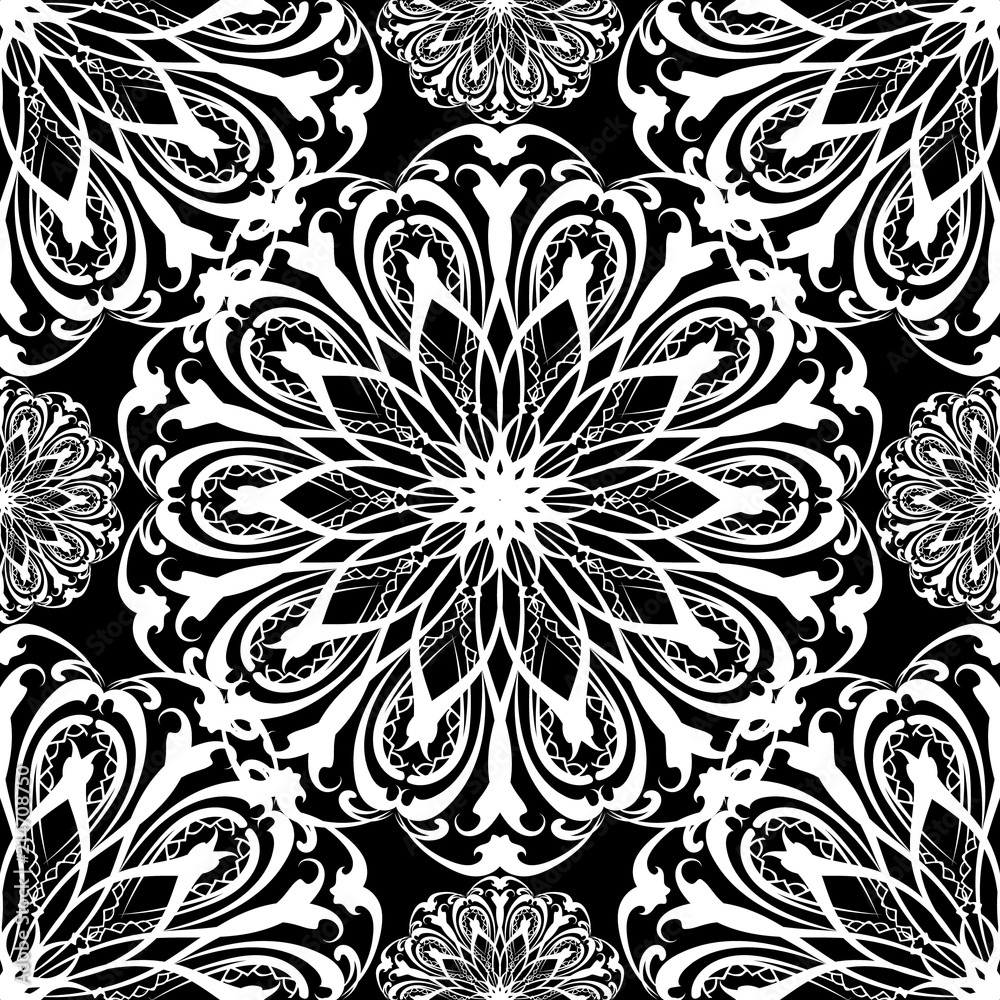 Floral black and white vector seamless mandala pattern. 