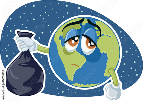 Planet Earth Holding Plastic Trash Bag Vector Cartoon
