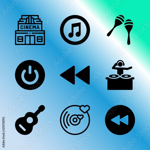 Vector icon set about music player with 9 icons related to car, icon, tech, party, concept, arrows, control, background, disc jockey and circuit
