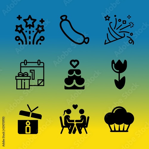 Vector icon set about birthday party with 9 icons related to breakfast, classic, young, xmas, nightclub, dance, snow, typography, cute and present